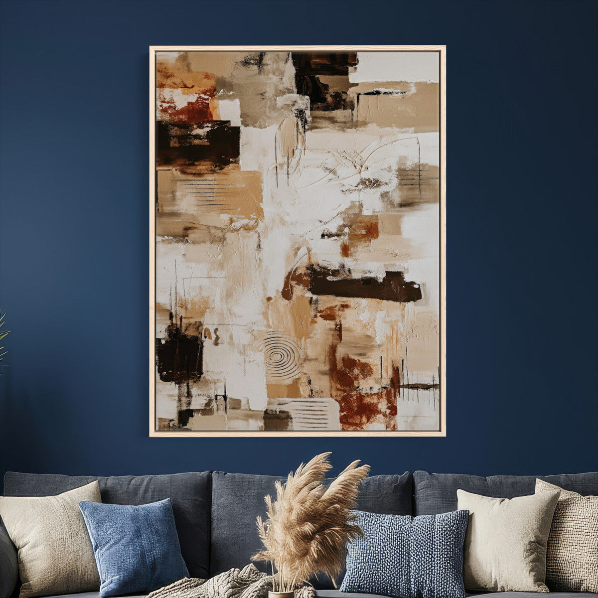 Blue Teal Abstract Canvas Wall Art, Modern Brushstroke Style Painting Print, Navy Orange Contemporary Decor