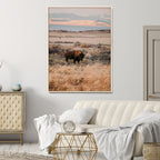 Solitary Buffalo Wall Art Canvas Print, Framed Golden Prairie Earthy Tones