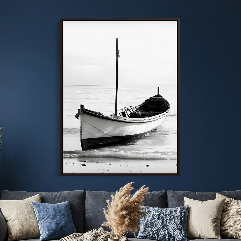 Minimal Boat Wall Art Canvas Print | Black and White Coastal Photography
