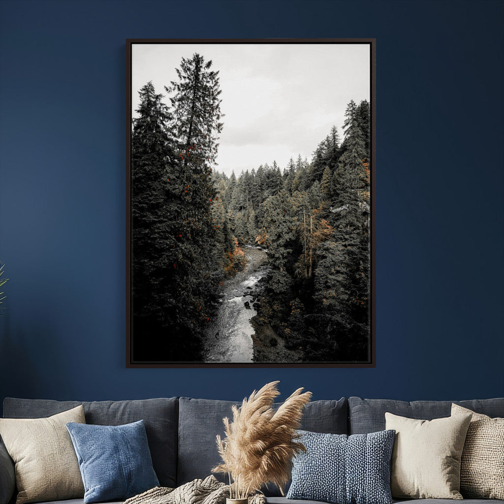 Moody Forest River Wall Art Canvas Print | Dark Evergreen Landscape