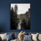 Moody Forest River Wall Art Canvas Print | Dark Evergreen Landscape
