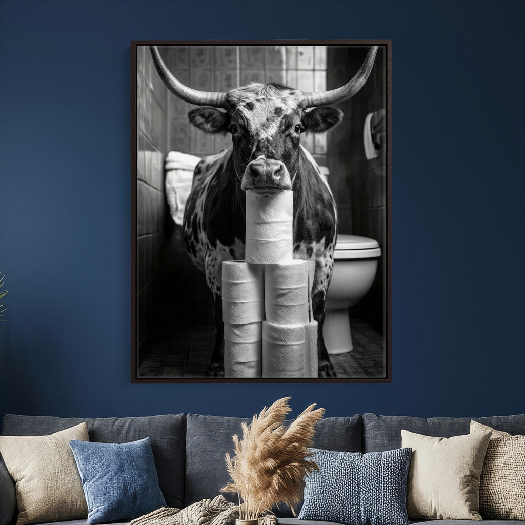 Texas Longhorn Cow Toilet Paper Canvas Wall Art, Funny Bathroom Decor