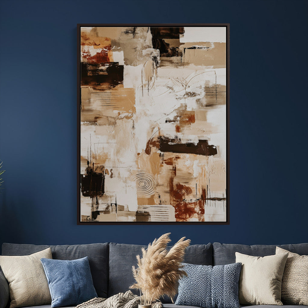 Blue Teal Abstract Canvas Wall Art, Modern Brushstroke Style Painting Print, Navy Orange Contemporary Decor
