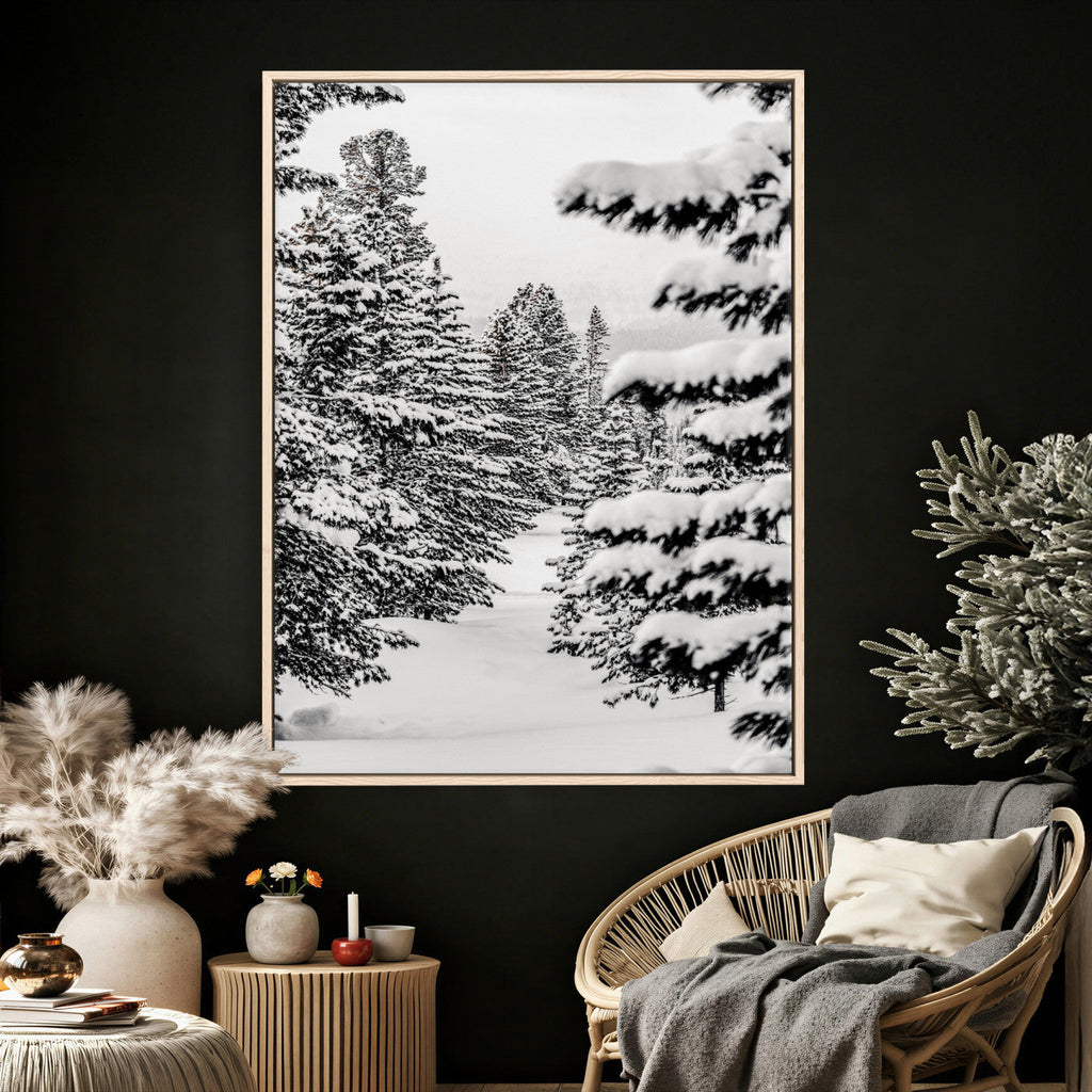 Winter Pine Forest Wall Art Canvas Print, Minimal Winter Landscape