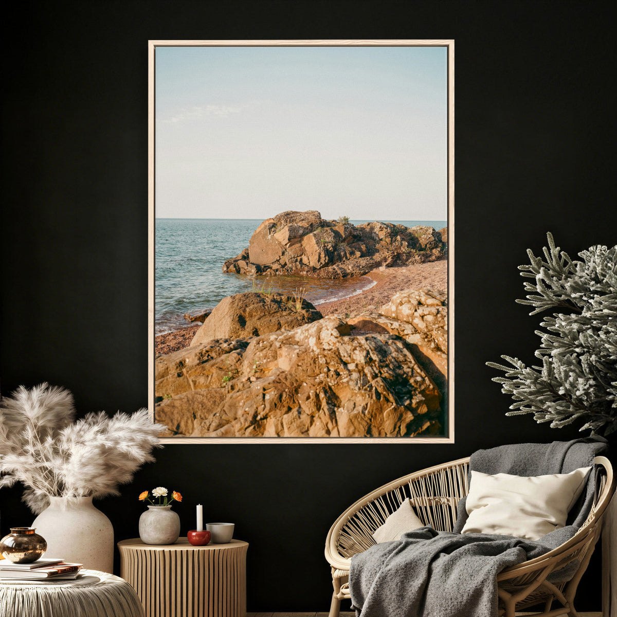 Rocky Coastline Wall Art Canvas Print, Minimal Coastal Landscape