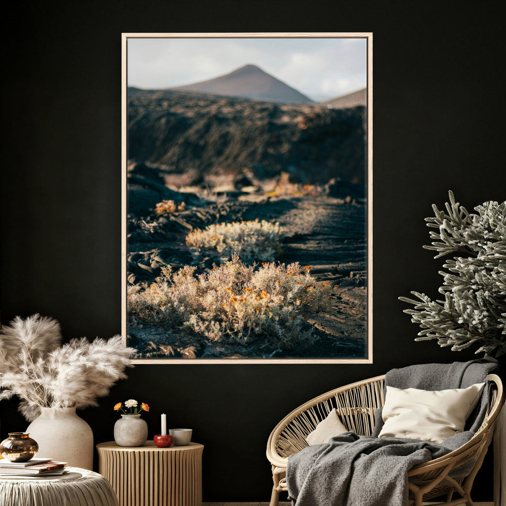 Desert Wall Art Canvas Print, Volcanic Landscape with Soft Wildflowers