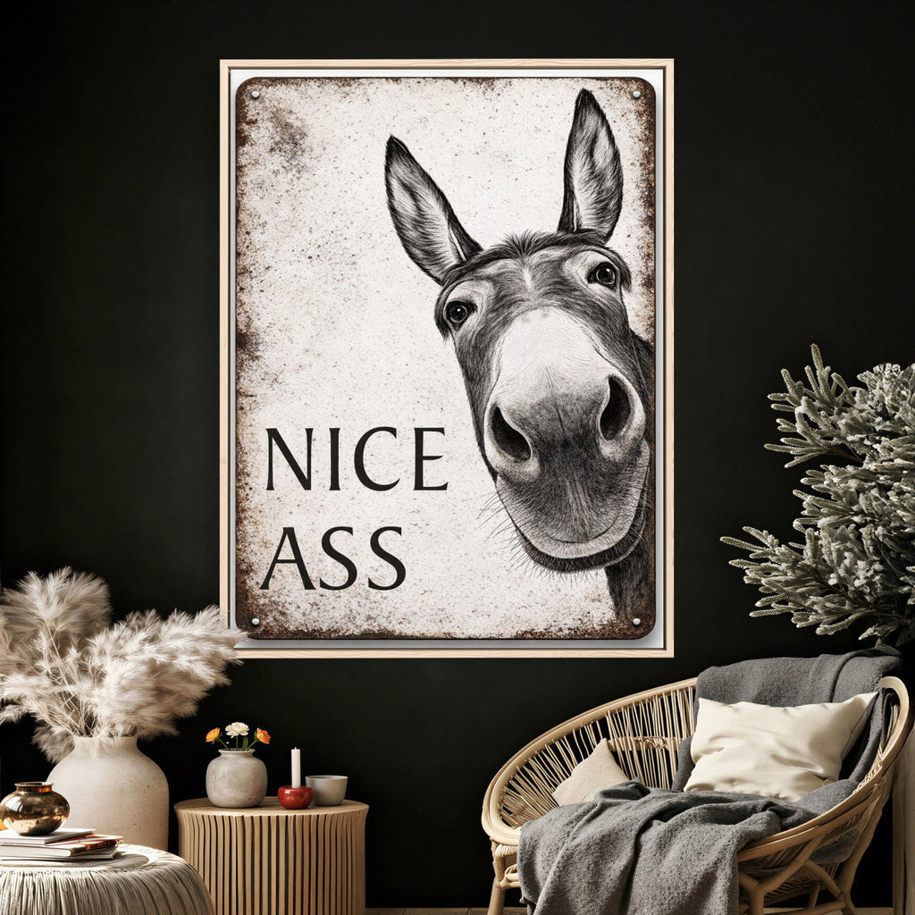 Funny Donkey Bathroom Wall Art Canvas Print, Nice Ass Farm Animal Sign