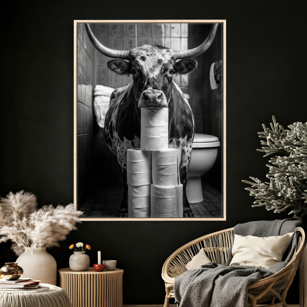 Texas Longhorn Cow Toilet Paper Canvas Wall Art, Funny Bathroom Decor
