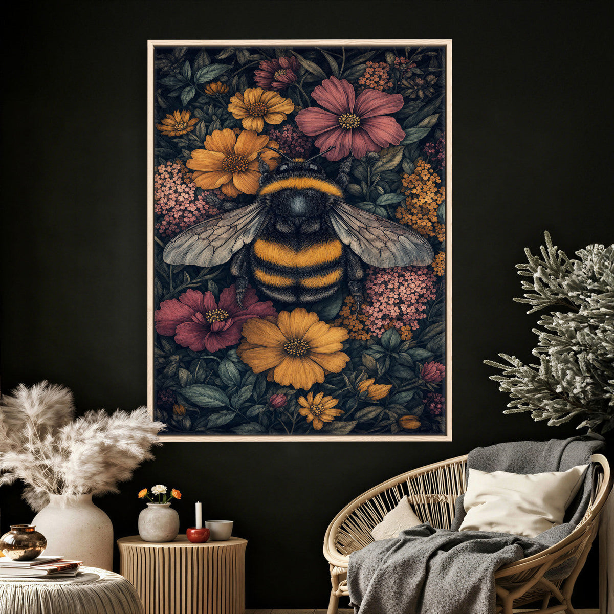 William Morris Style Prints Canvas Wall Art Inner Framed, Vintage Bee Floral Decor