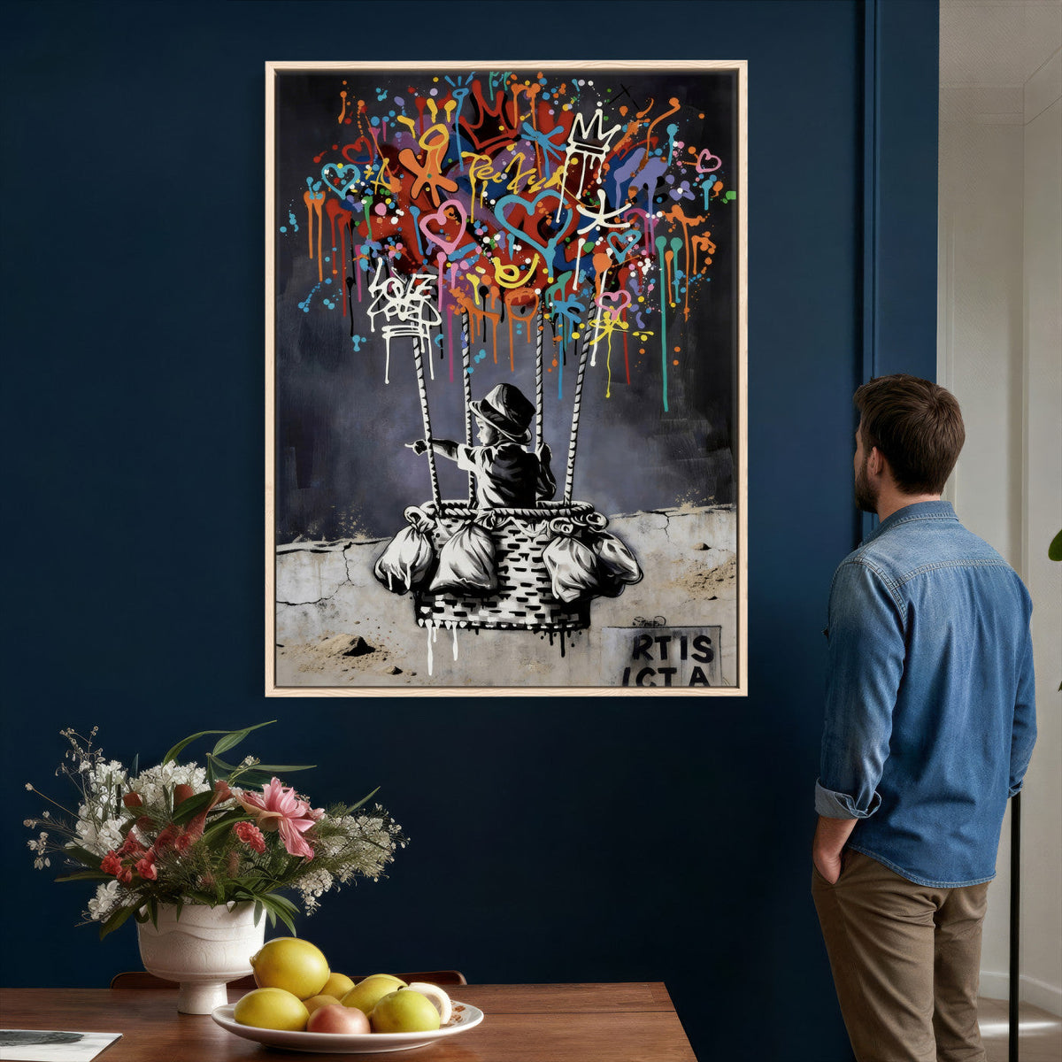 Banksy Inspired Boy Wall Art Canvas Print, Graffiti Balloon Hearts Street Art