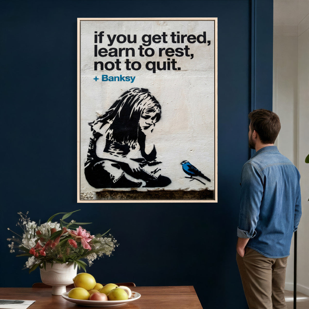 Banksy Girl and Blue Bird Canvas Art Print | Banksy If You Get Tired Street Art