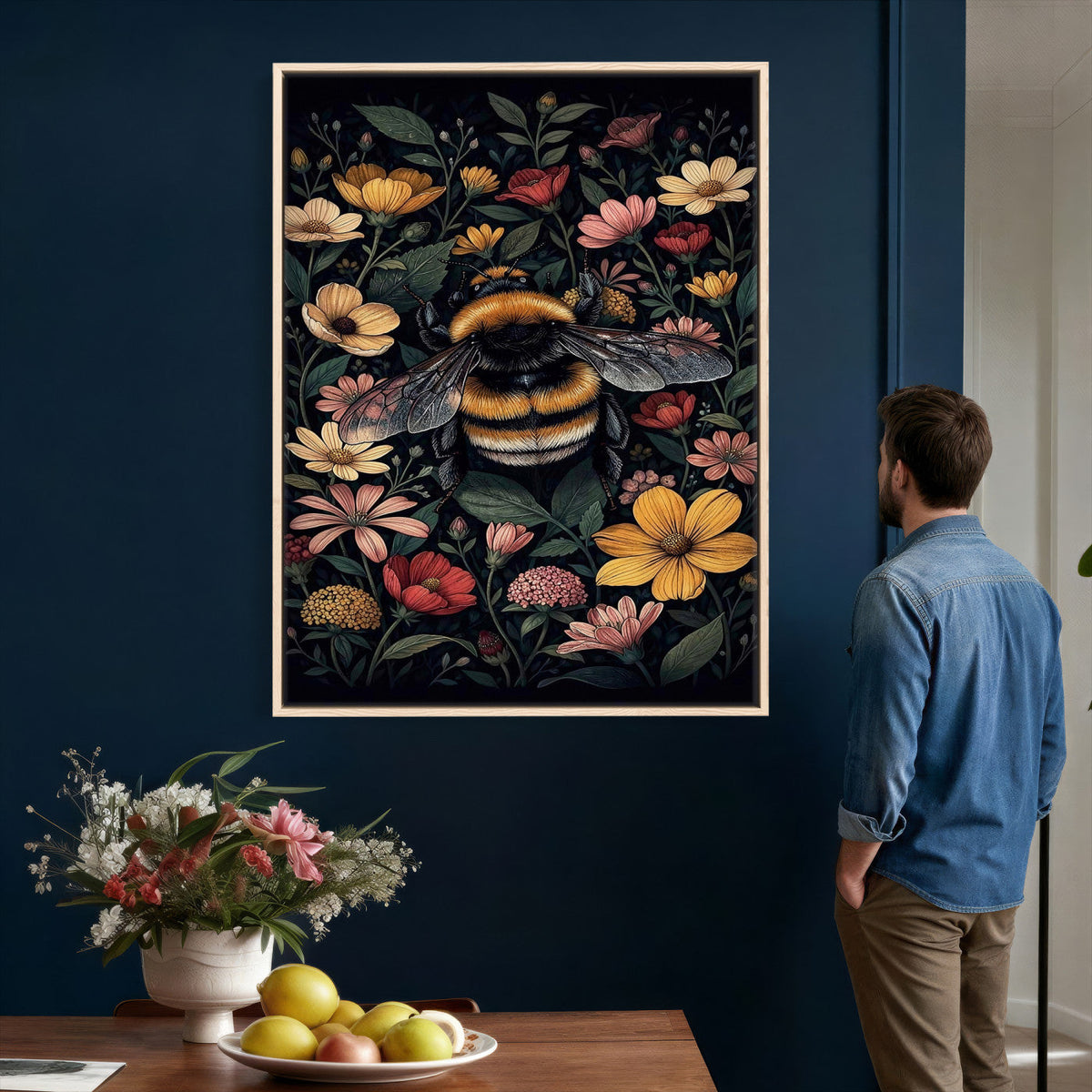 William Morris Style Prints Canvas Wall Art, Inner Framed Vintage Bee Botanical Floral Print