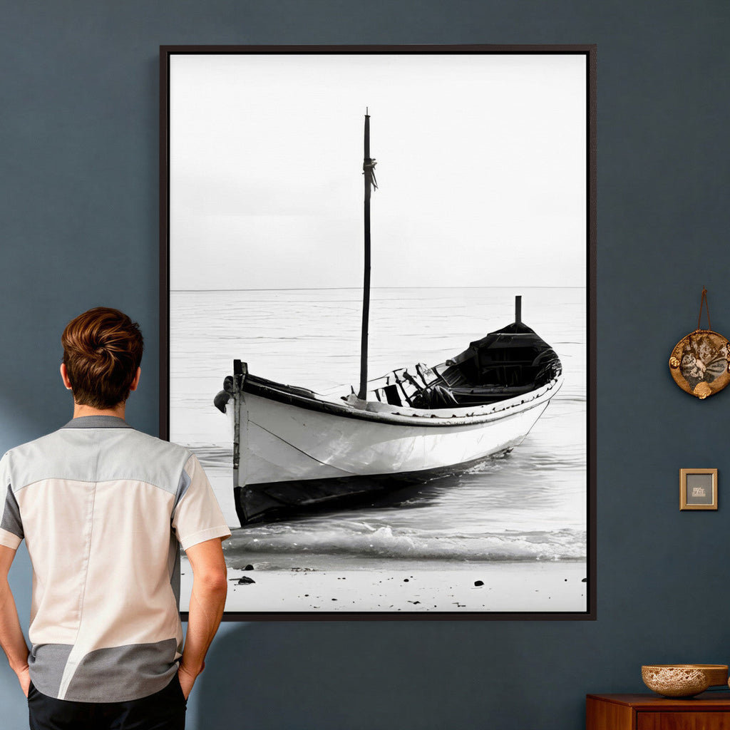 Minimal Boat Wall Art Canvas Print | Black and White Coastal Photography