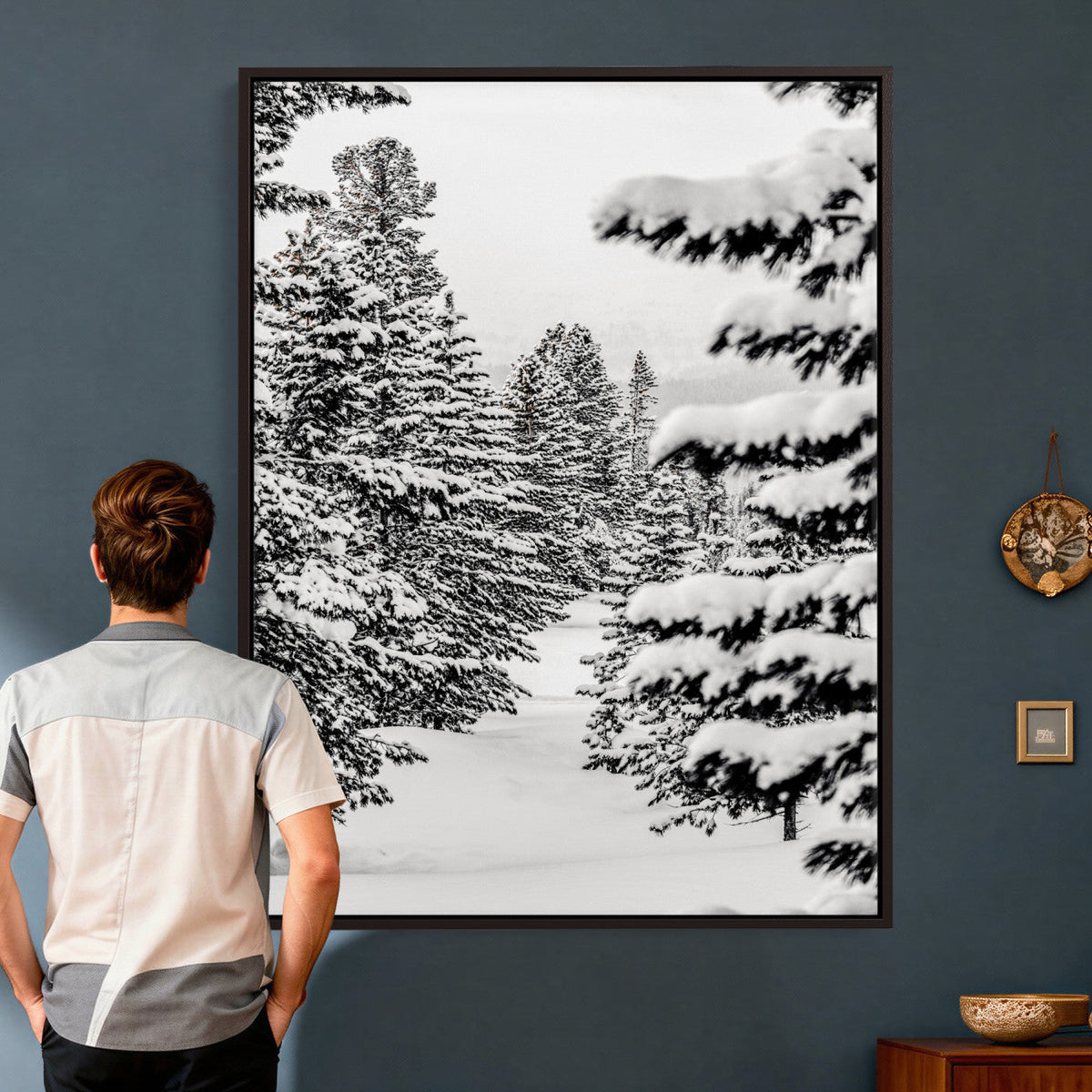 Winter Pine Forest Wall Art Canvas Print, Minimal Winter Landscape