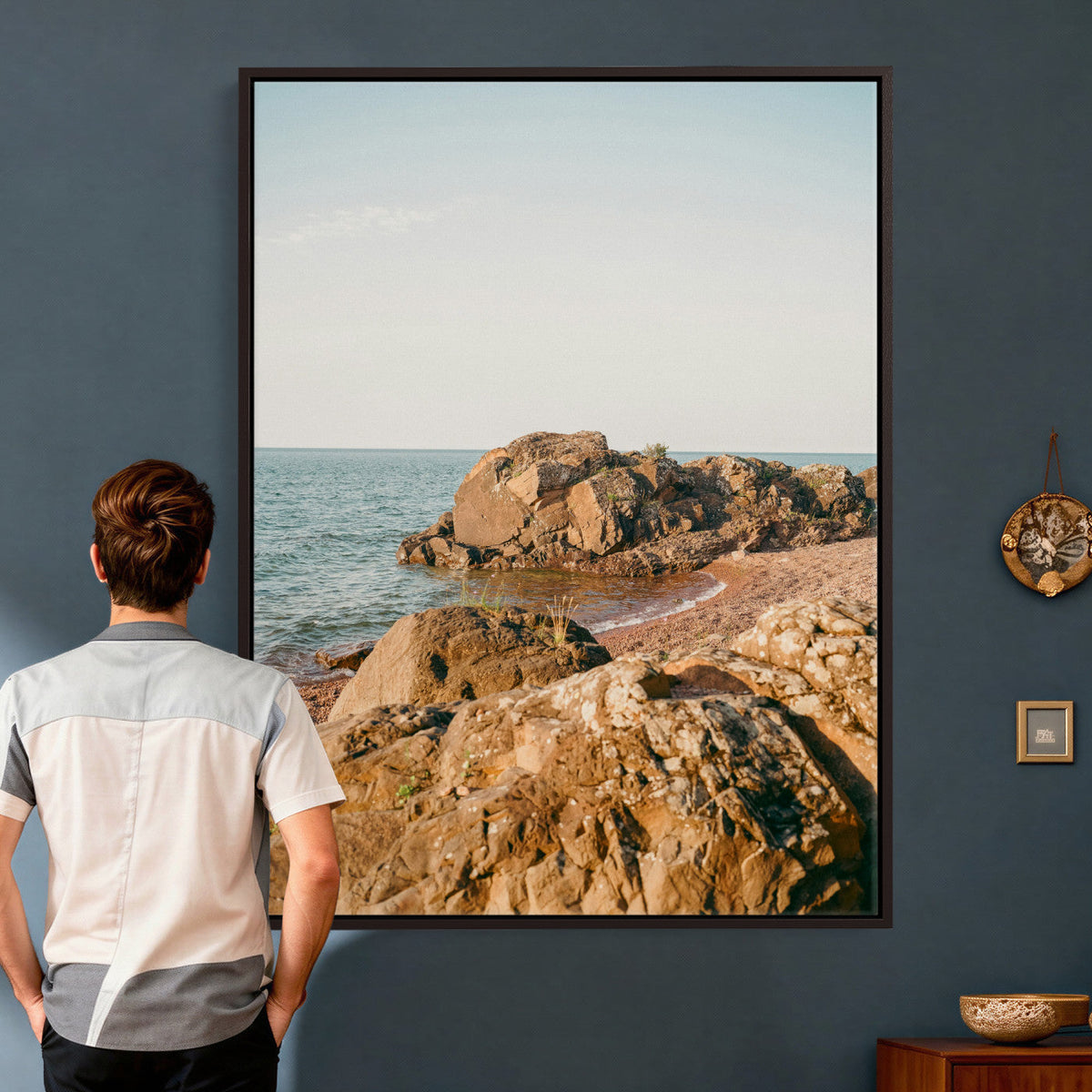 Rocky Coastline Wall Art Canvas Print, Minimal Coastal Landscape