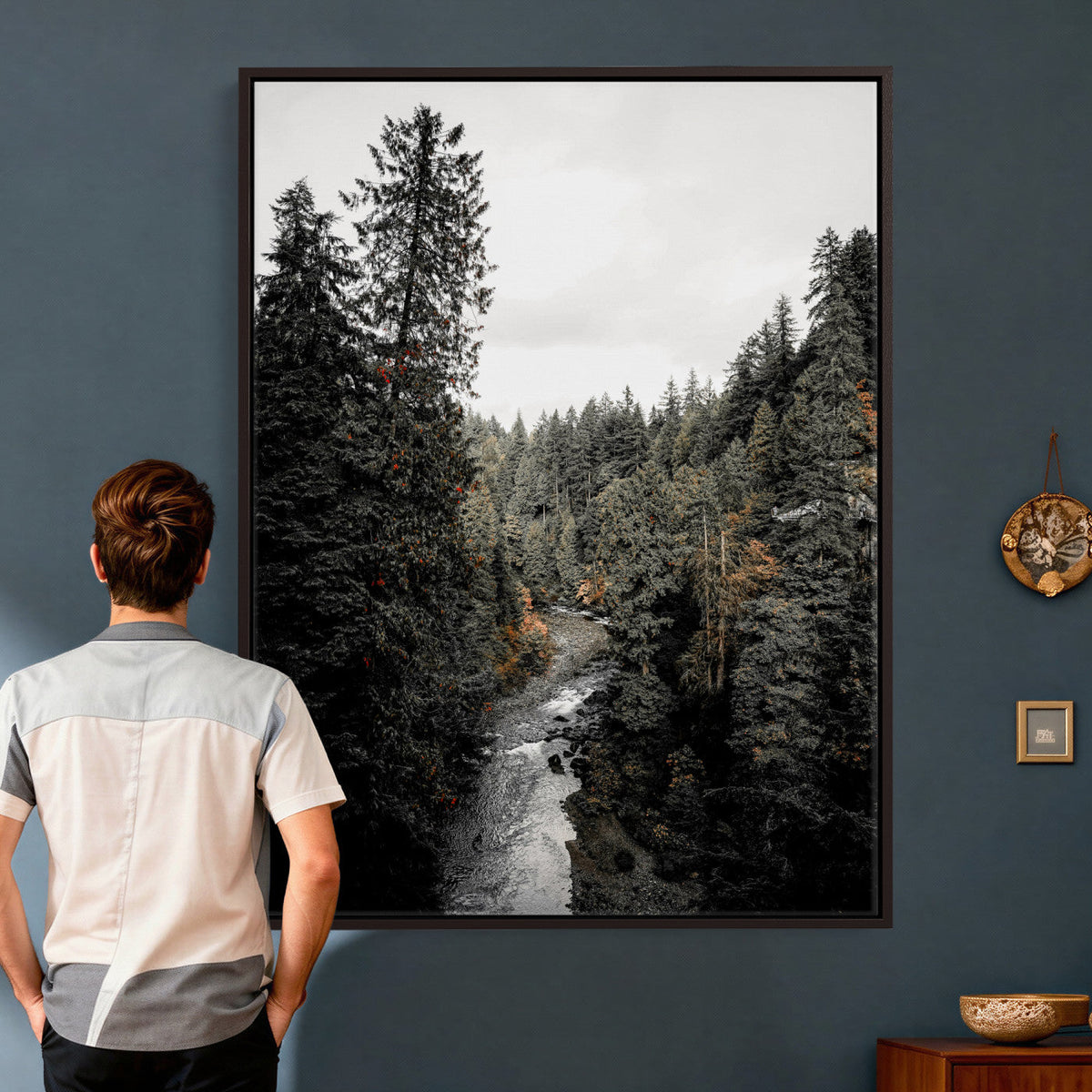 Moody Forest River Wall Art Canvas Print | Dark Evergreen Landscape