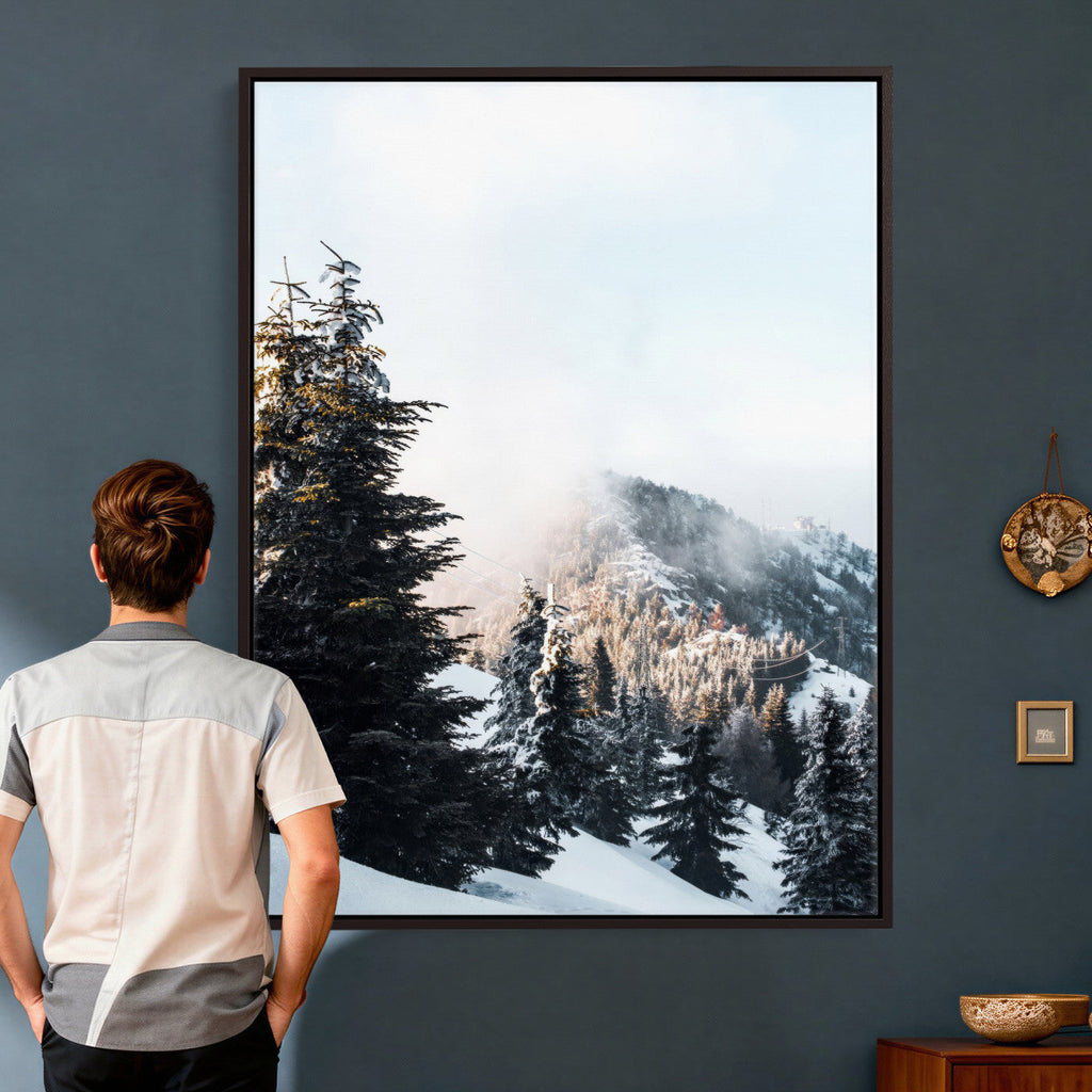 Snowy Mountain Forest Wall Art Canvas Print, Winter Pine Landscape