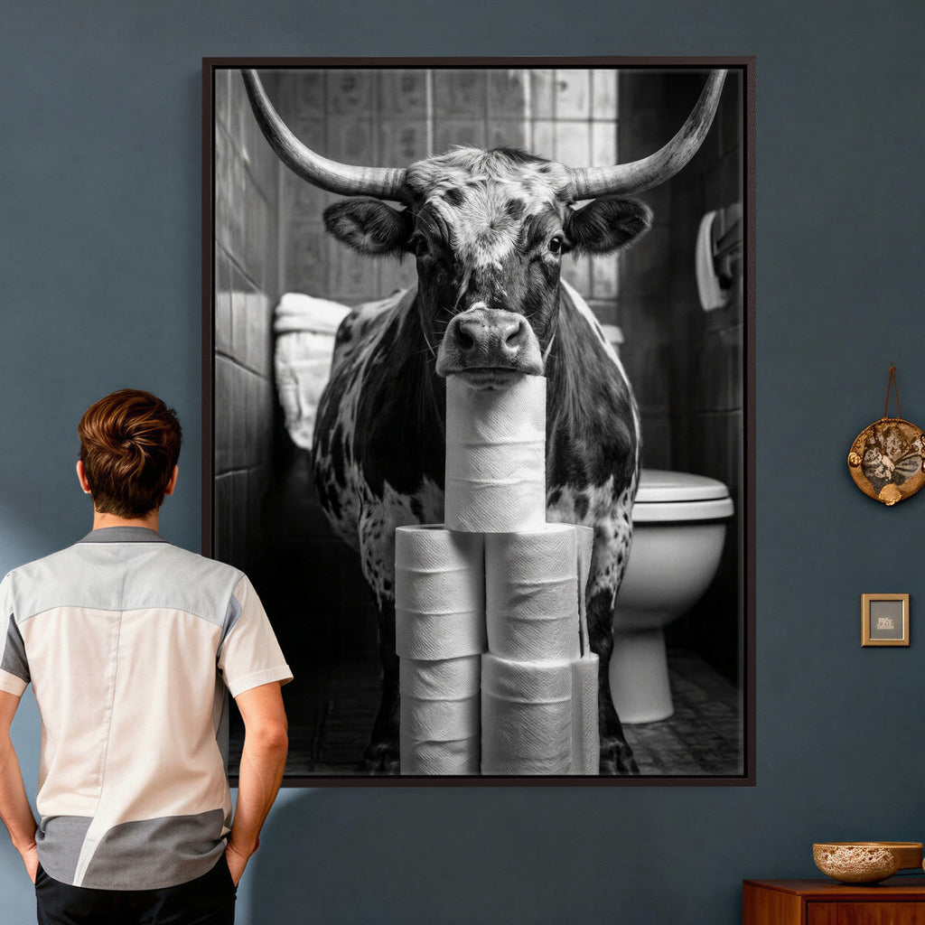 Texas Longhorn Cow Toilet Paper Canvas Wall Art, Funny Bathroom Decor
