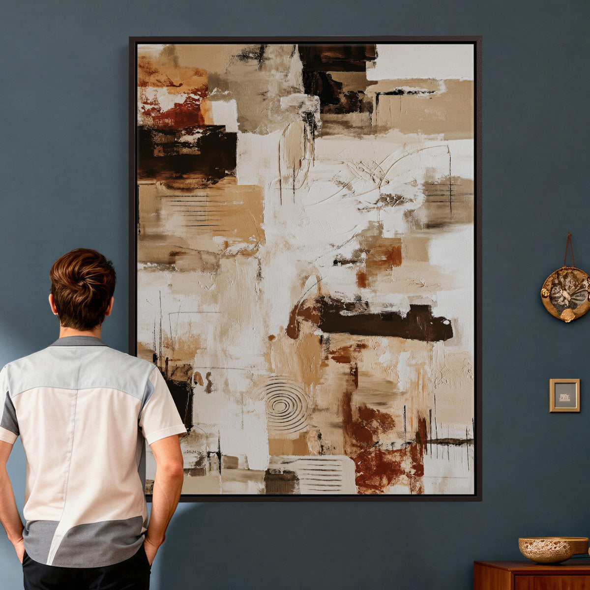 Blue Teal Abstract Canvas Wall Art, Modern Brushstroke Style Painting Print, Navy Orange Contemporary Decor