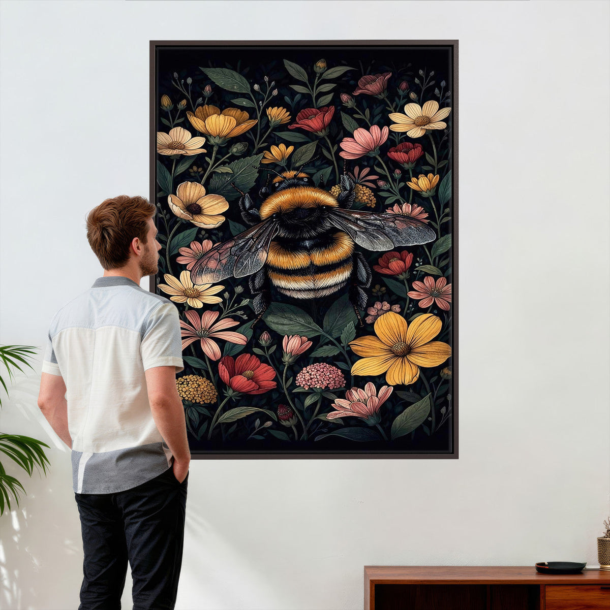 William Morris Style Prints Canvas Wall Art, Inner Framed Vintage Bee Botanical Floral Print