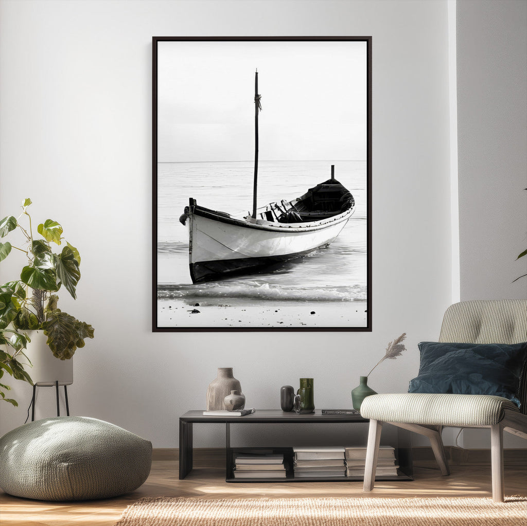 Minimal Boat Wall Art Canvas Print | Black and White Coastal Photography