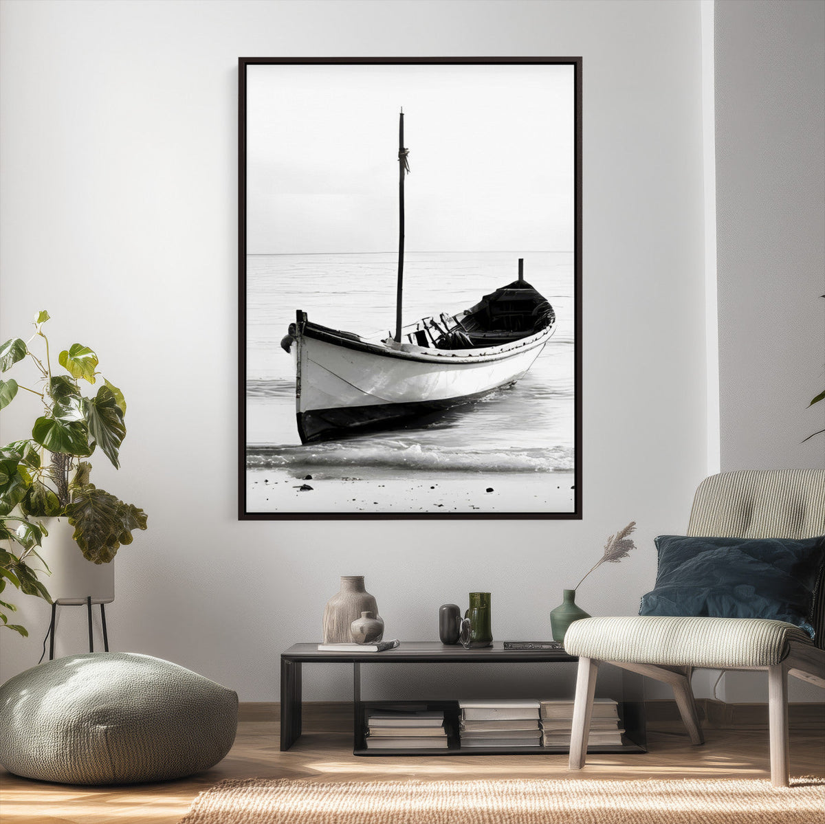 Minimal Boat Wall Art Canvas Print | Black and White Coastal Photography
