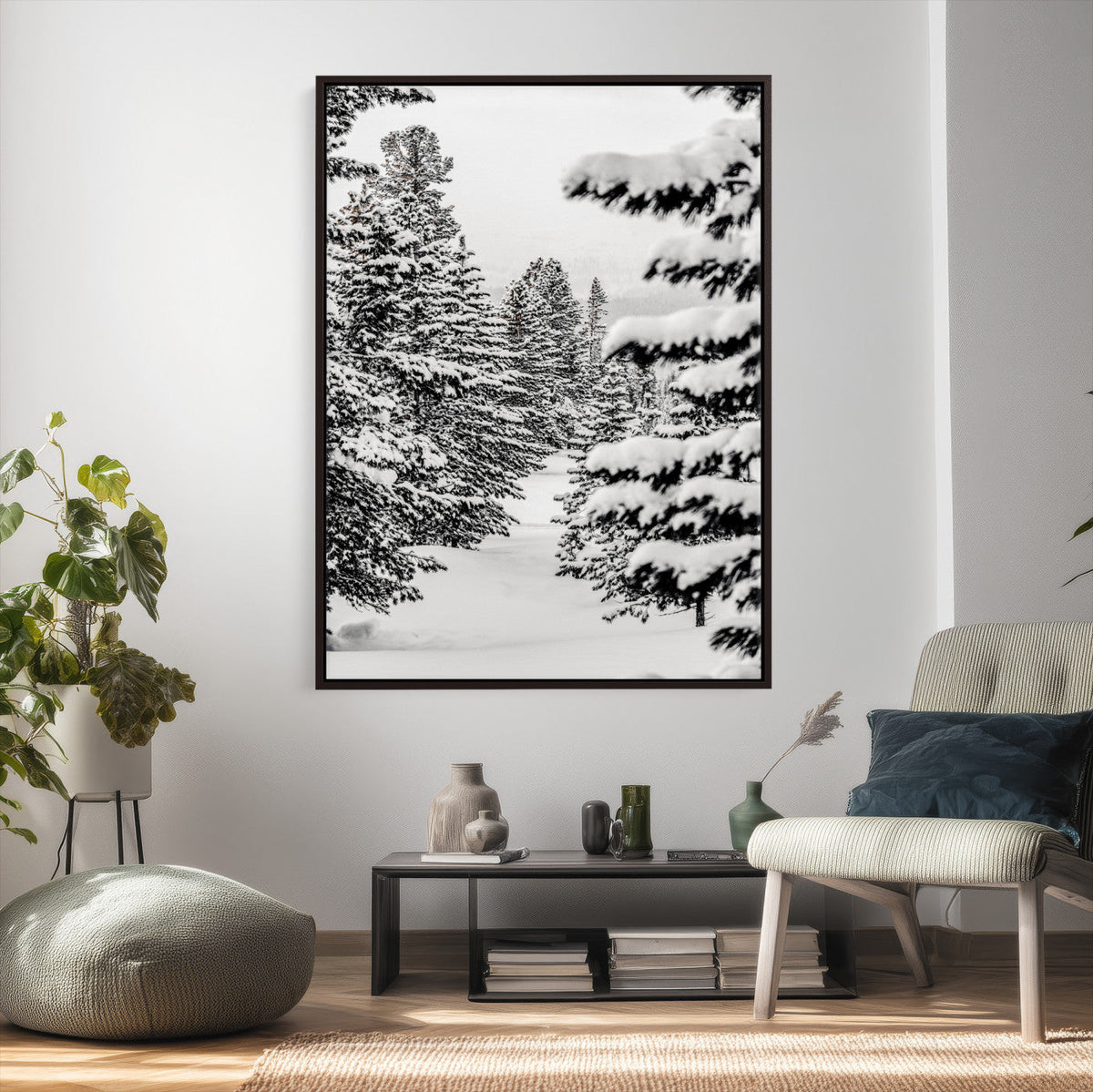 Winter Pine Forest Wall Art Canvas Print, Minimal Winter Landscape