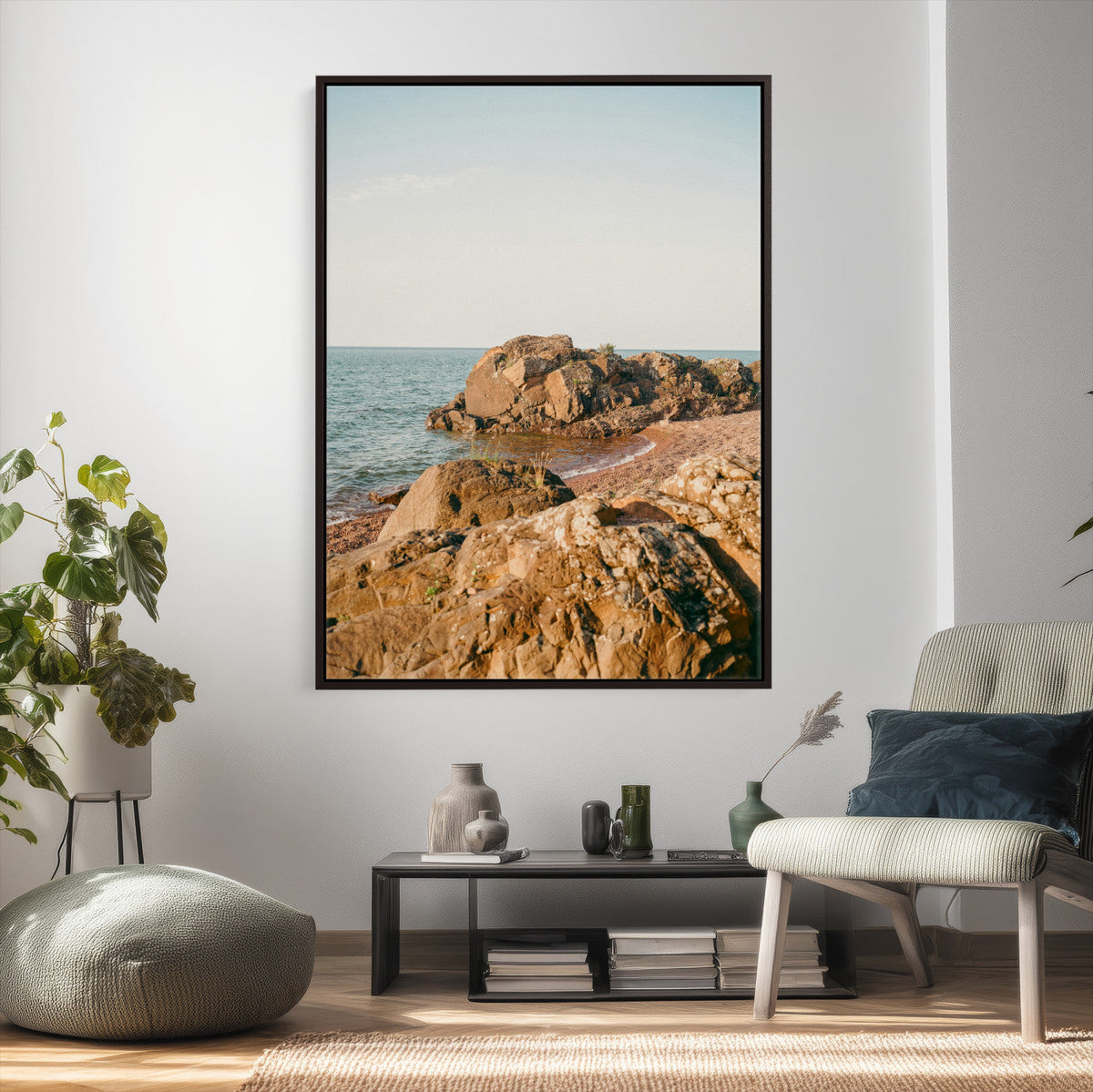 Rocky Coastline Wall Art Canvas Print, Minimal Coastal Landscape
