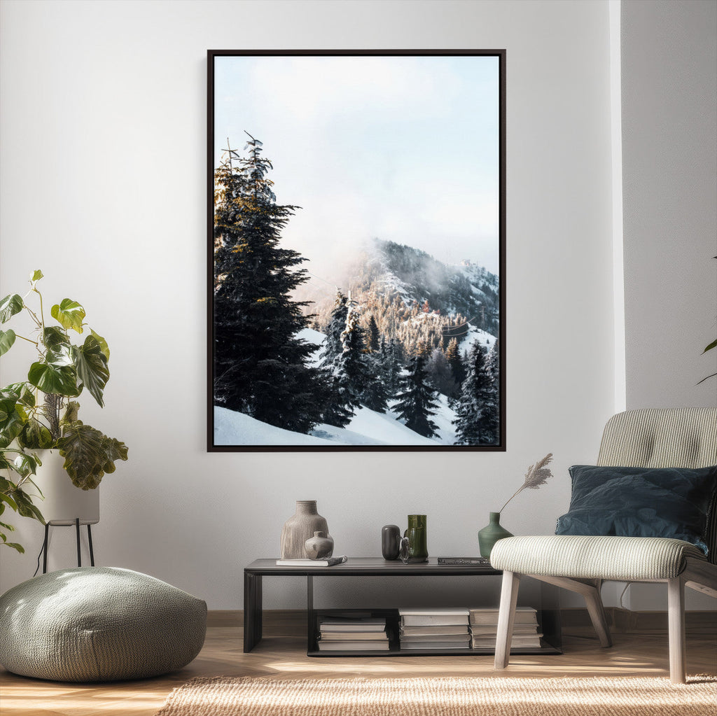 Snowy Mountain Forest Wall Art Canvas Print, Winter Pine Landscape