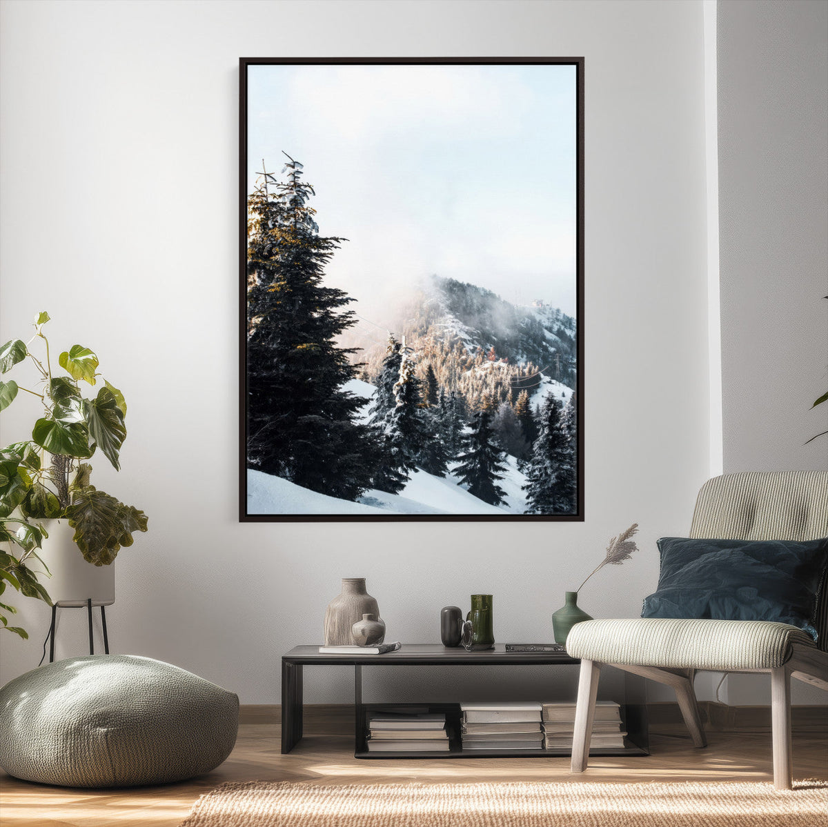 Snowy Mountain Forest Wall Art Canvas Print, Winter Pine Landscape