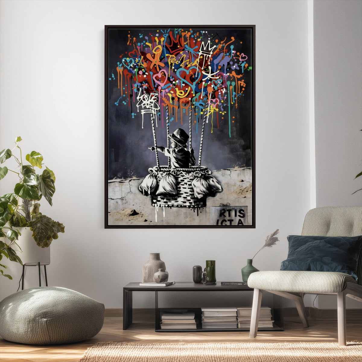 Banksy Inspired Boy Wall Art Canvas Print, Graffiti Balloon Hearts Street Art