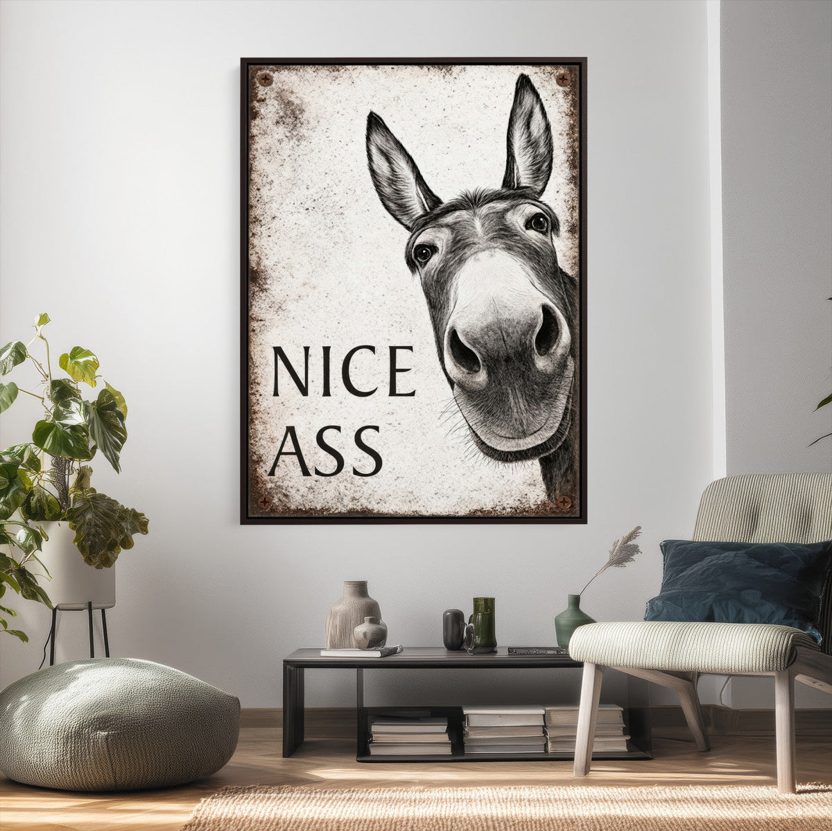 Funny Donkey Bathroom Wall Art Canvas Print, Nice Ass Farm Animal Sign