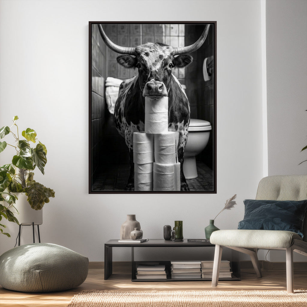 Texas Longhorn Cow Toilet Paper Canvas Wall Art, Funny Bathroom Decor