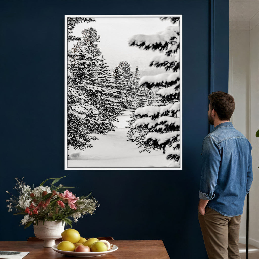 Winter Pine Forest Wall Art Canvas Print, Minimal Winter Landscape