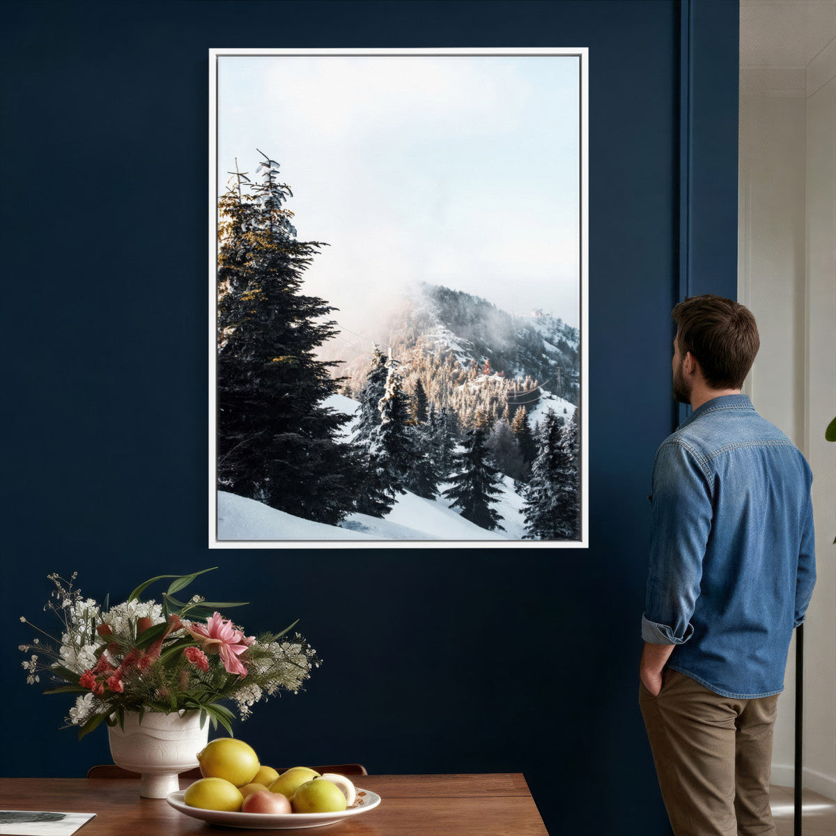 Snowy Mountain Forest Wall Art Canvas Print, Winter Pine Landscape