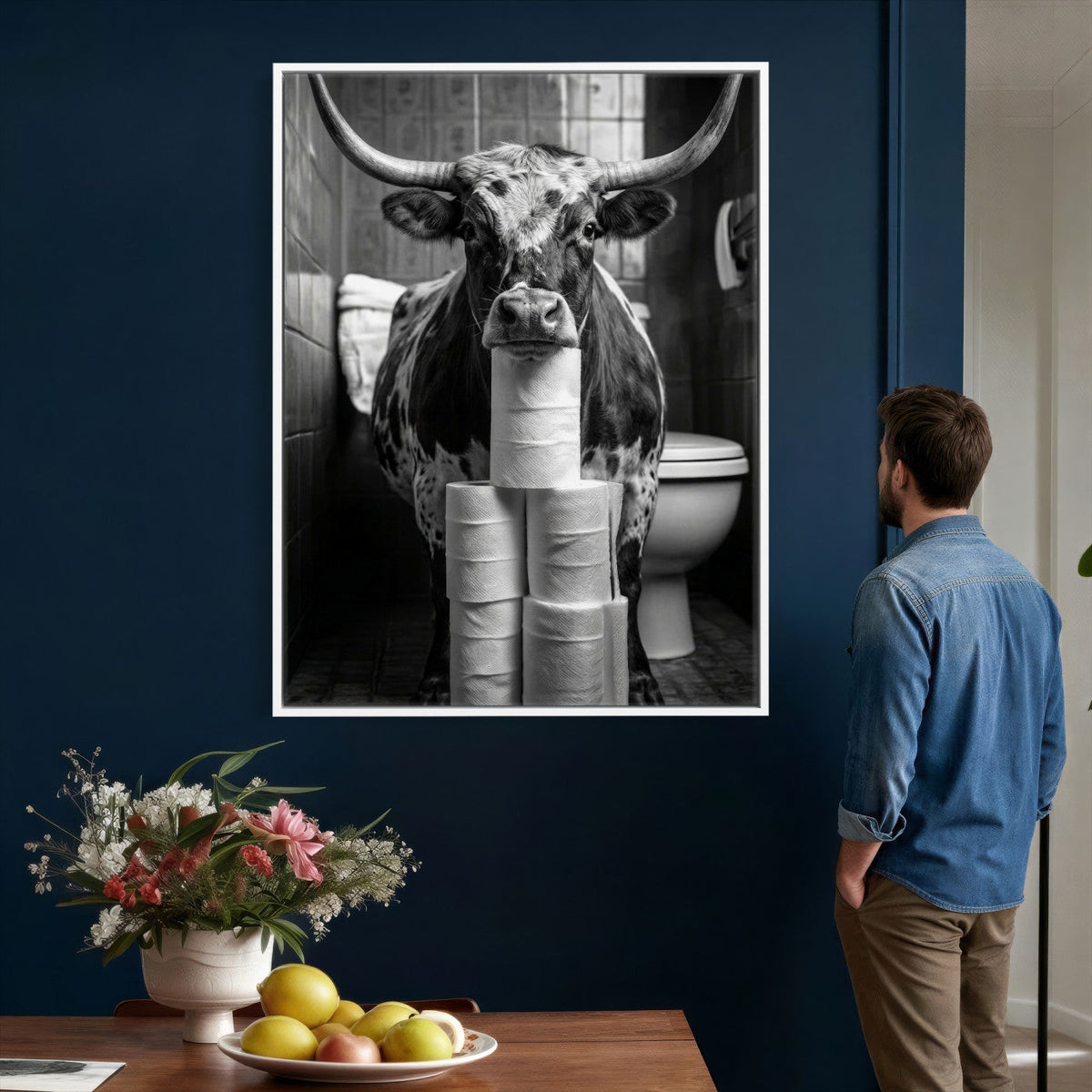 Texas Longhorn Cow Toilet Paper Canvas Wall Art, Funny Bathroom Decor