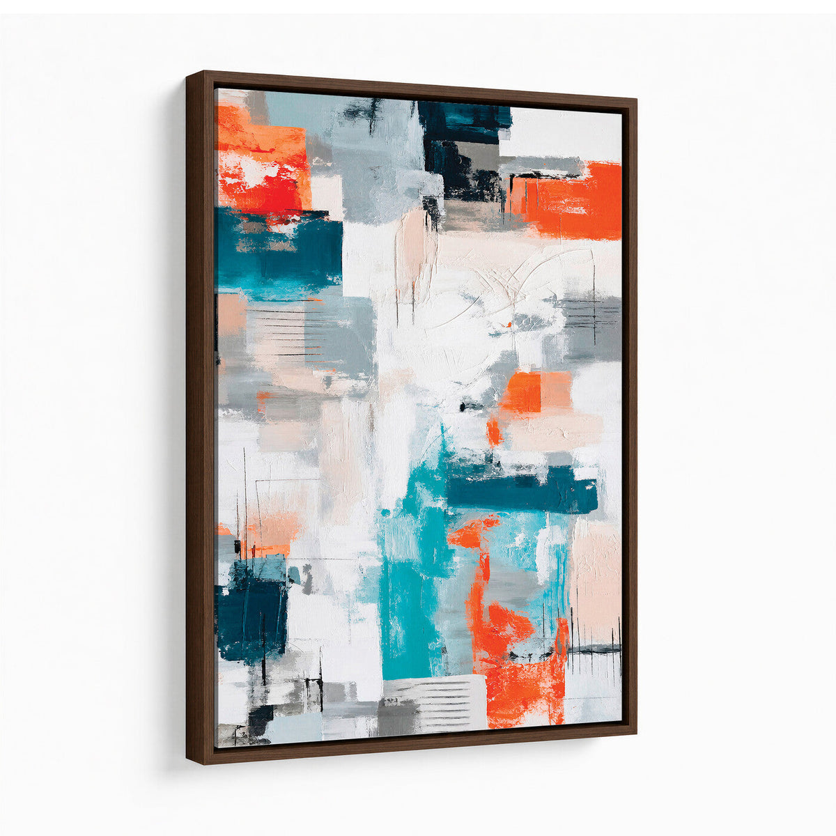Blue Teal Abstract Canvas Wall Art, Modern Brushstroke Style Painting Print, Navy Orange Contemporary Decor