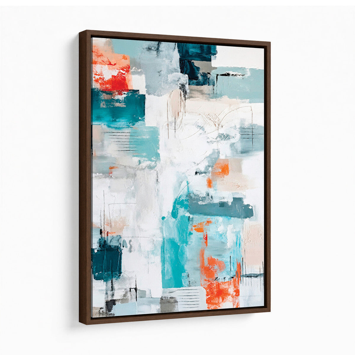 Blue Teal Abstract Canvas Wall Art, Modern Brushstroke Style Painting Print, Navy Orange Contemporary Decor