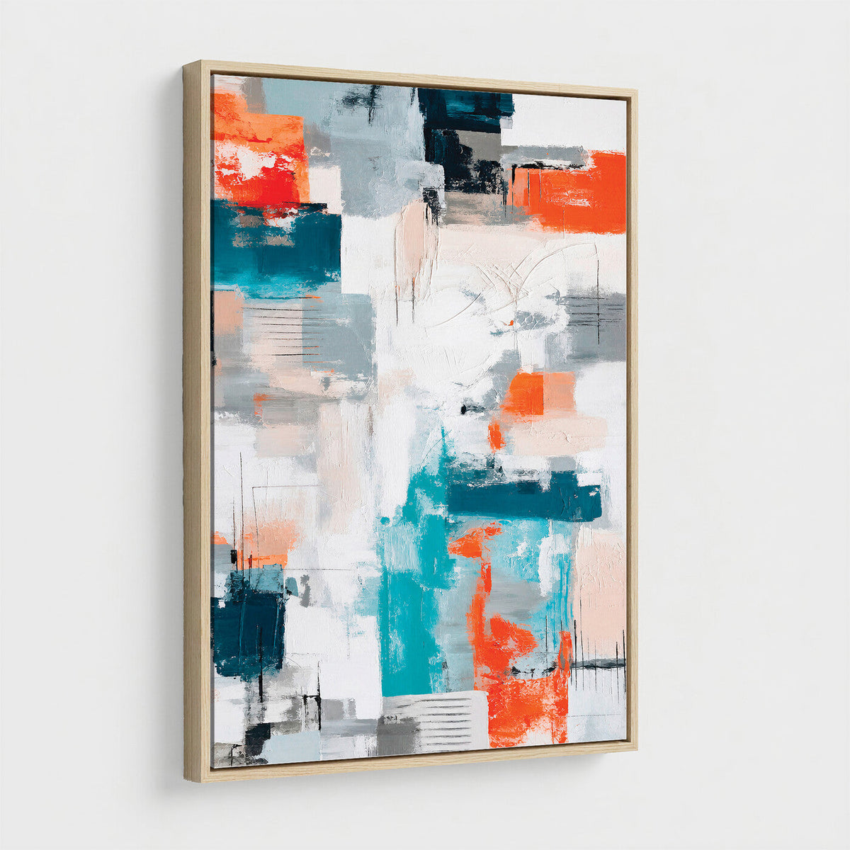 Blue Teal Abstract Canvas Wall Art, Modern Brushstroke Style Painting Print, Navy Orange Contemporary Decor