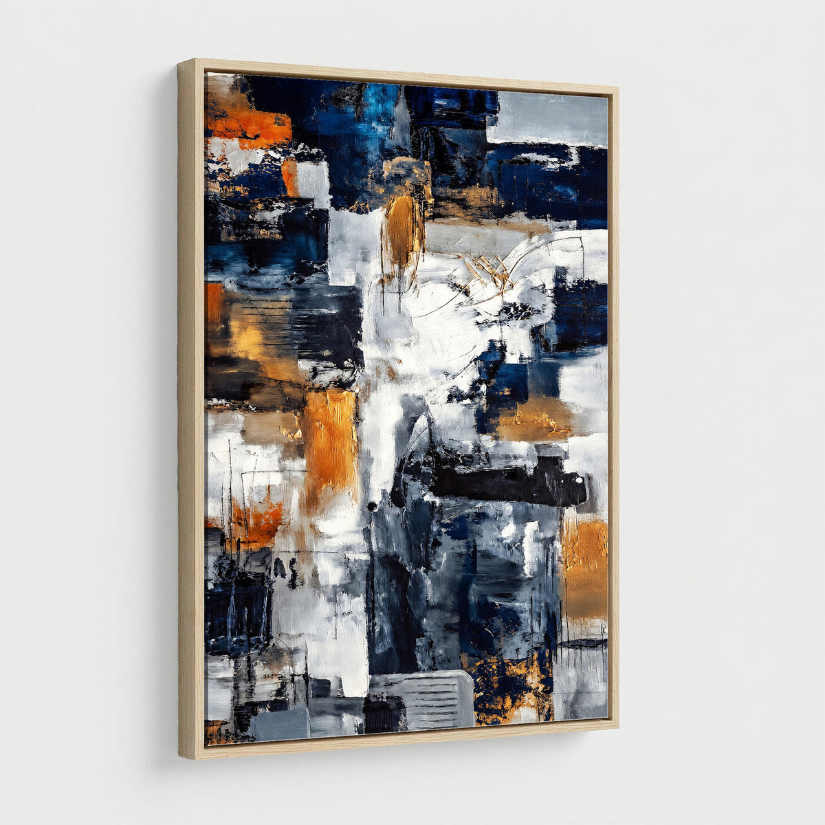 Blue Teal Abstract Canvas Wall Art, Modern Brushstroke Style Painting Print, Navy Orange Contemporary Decor