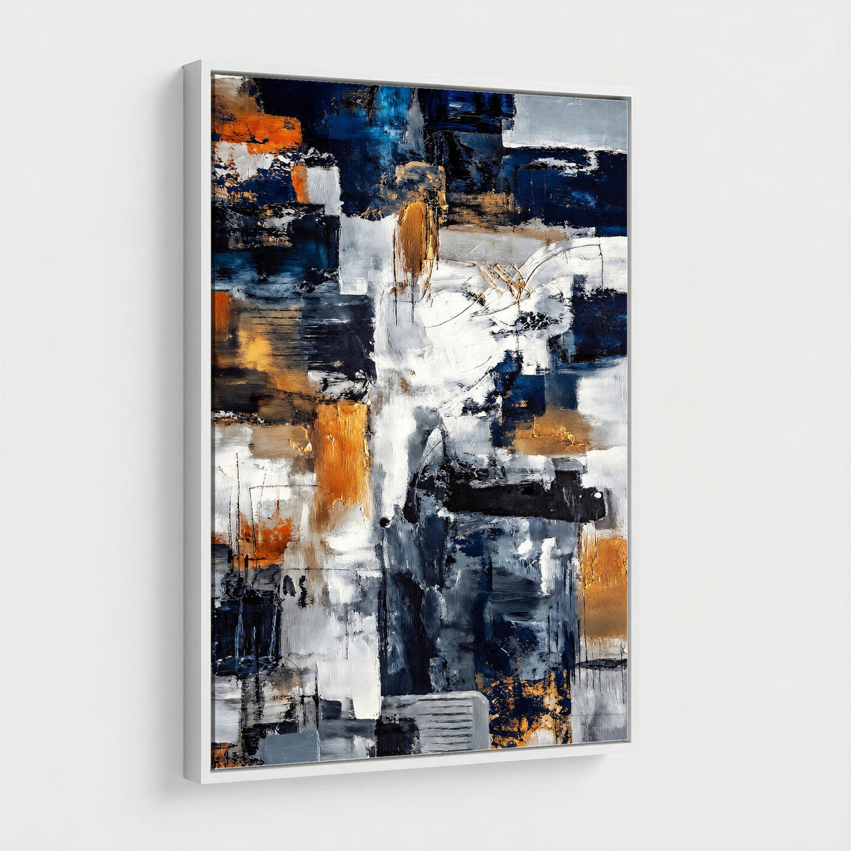 Blue Teal Abstract Canvas Wall Art, Modern Brushstroke Style Painting Print, Navy Orange Contemporary Decor