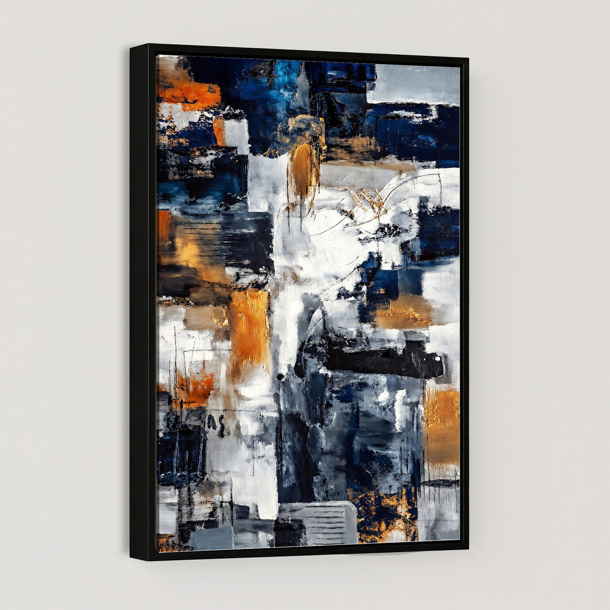 Blue Teal Abstract Canvas Wall Art, Modern Brushstroke Style Painting Print, Navy Orange Contemporary Decor