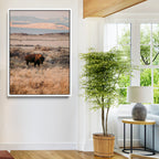 Solitary Buffalo Wall Art Canvas Print, Framed Golden Prairie Earthy Tones