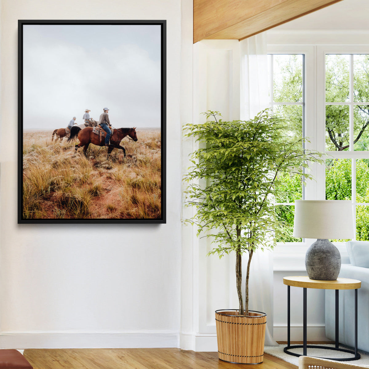 Golden Grassland Wall Art Canvas Print, Framed Western Frontier Open Range Riders