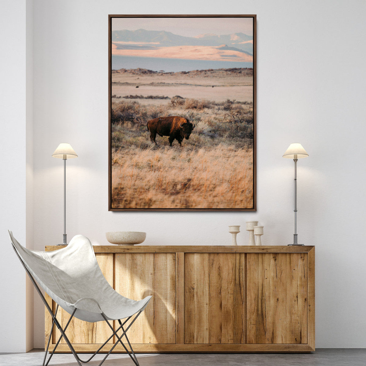 Solitary Buffalo Wall Art Canvas Print, Framed Golden Prairie Earthy Tones