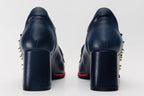 The Infanta Navy Blue Spike Leather Block Heel Pump Women Shoe