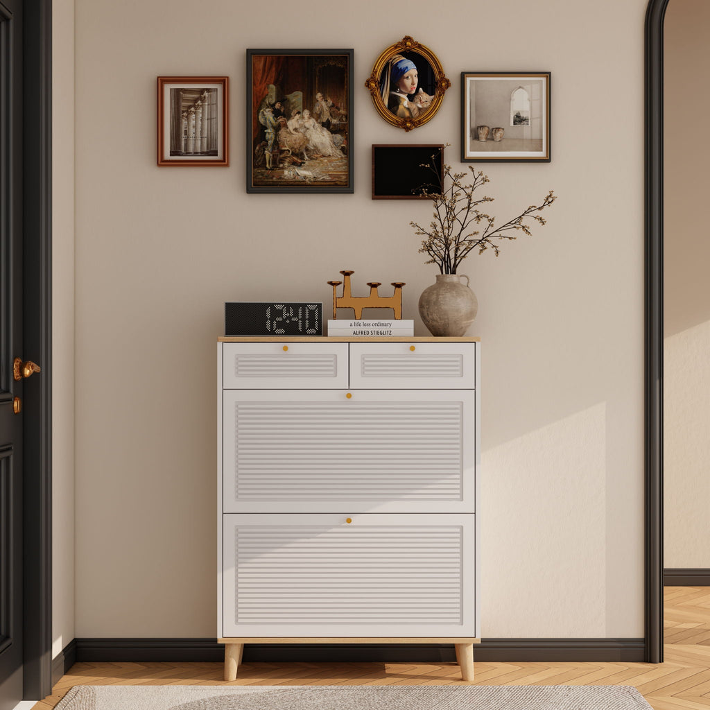 Modern Freestanding Shoe Cabinet With Flip Up Doors - White Natural