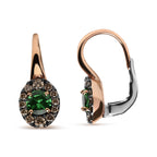 18K Rose and White Gold 3/8 Cttw Round Brown Diamonds and Round Green Tsavorite Gemstone Halo Drop Hoop Earrings (Brown Color, SI1-SI2 Clarity)