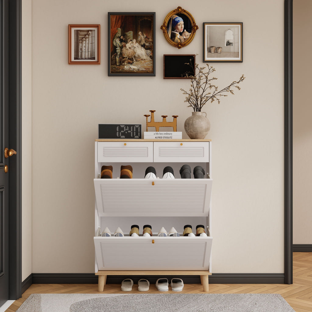 Modern Freestanding Shoe Cabinet With Flip Up Doors - White Natural