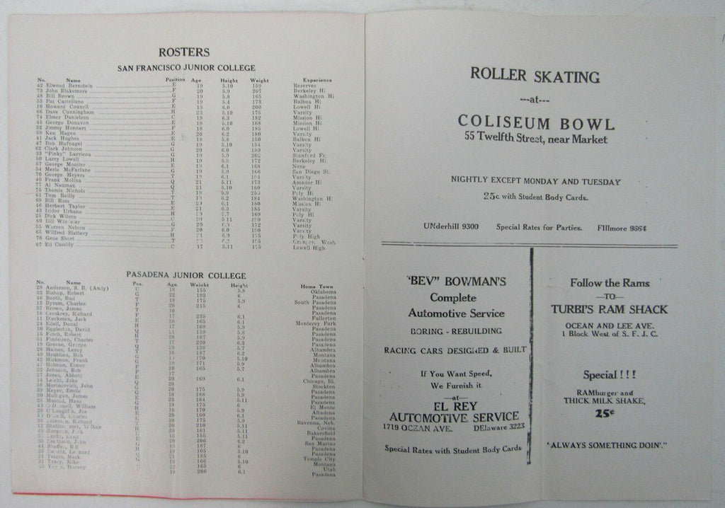1940 San Francisco JC vs. Pasadena JC Armistice Day FB Program 11/11/40 153805